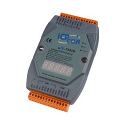 ICP DAS I-7024R-G is a 4 x analog output module, 0 - +/- 10V and 0 - 20mA, 14bit. 5 x digital input with DRY - Contact