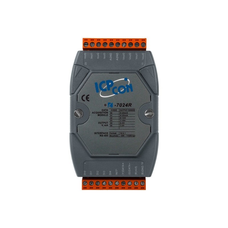 ICP DAS I-7024R-G is a 4 x analog output module, 0 - +/- 10V and 0 - 20mA, 14bit. 5 x digital input with DRY - Contact