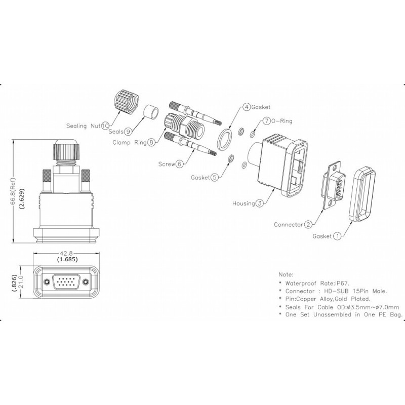 IP67 vanntett VGA, DB15HD, HD-Sub hunnkontakt.