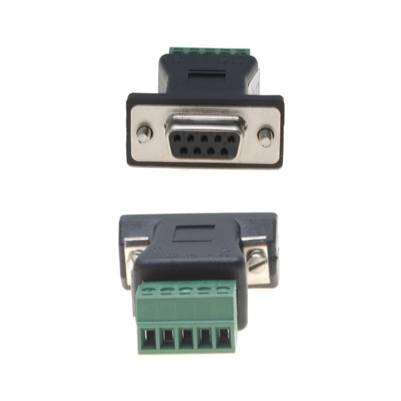 Rekkeklemme med SUB-D DB9 FEMALE-kontakt. Adapter med 5 skrueterminaler
