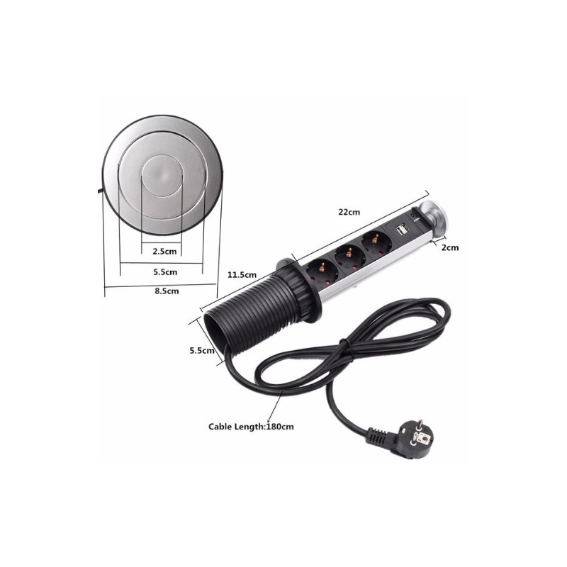 Strømuttak, 3 x AC-kontakt og 2 x USB-kontakt, 1,8 m kabel, 250 V, 16 A