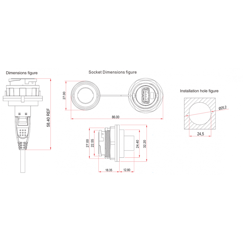 Vanntett USB3.0 chassis hunnkontakt, IP67 med hette, 1 meter kabel. Plast.