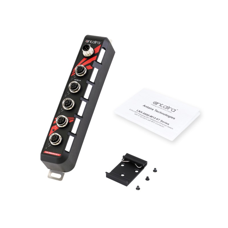 5-Port Industrial IP67-bryter, M12-kontakt, 12-48V DC, -40 ° C til 75 ° C