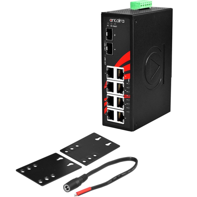 10 porter RJ45-bryter med 8 porter RJ45 og 2 porter SFP