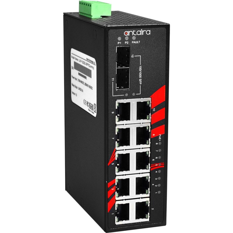 12Port Industrial PoE + Gigabit ustyrt bryter, -40 ° til 75 ° C