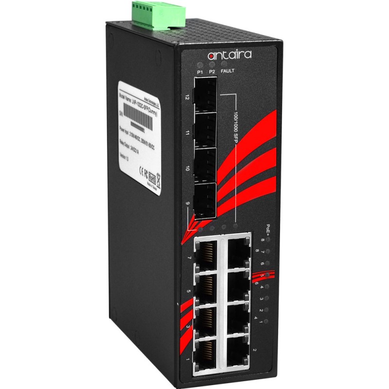 12-port industriell Gigabit PoE + -bryter, 8 x RJ45, 4 x SFP, -40 ° til 75 ° C