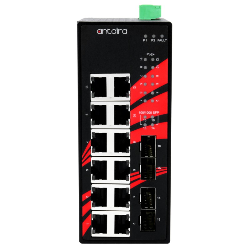 16 Port Industrial Gigabit PoE + Ustyrt Switch, 12 RJ45, 4 FTP