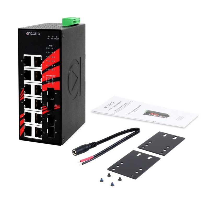 16 Port Industrial Gigabit PoE + Ustyrt Switch, 12 RJ45, 4 FTP