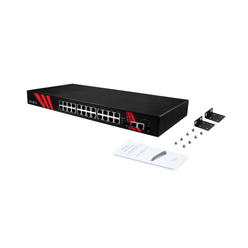26-Port PoE+ Gigabit Uadministrert Switch: Industriell 1U 19 rackmontert