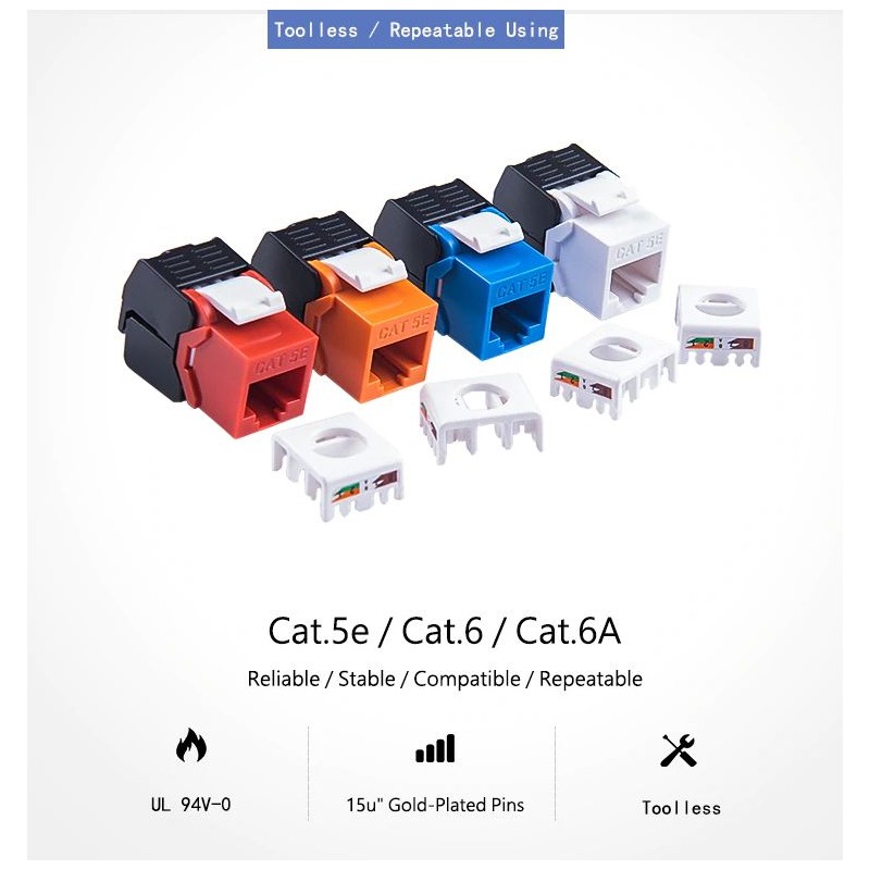 Keystone Jack RJ45 female plug plastic, reusable, multiple colors