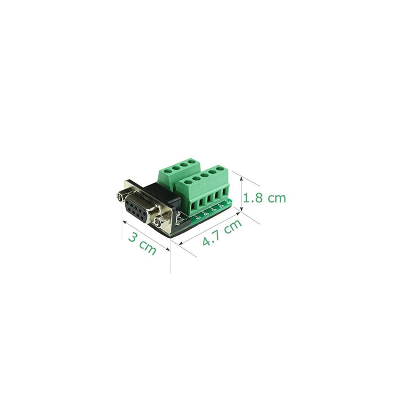 D-SUB terminal block with DB9 female connector. 9 screw terminals for RS232