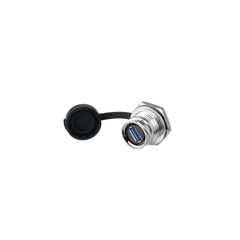 Waterproof USB 3.0 female connector with flange to the chassis, IP68 closely with hood, USB female / female