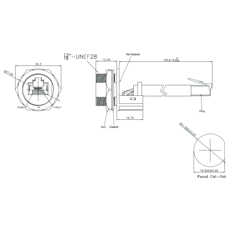 Vanntett RJ45 chassiskontakt, 21 mm gjenger - for utendørs bruk