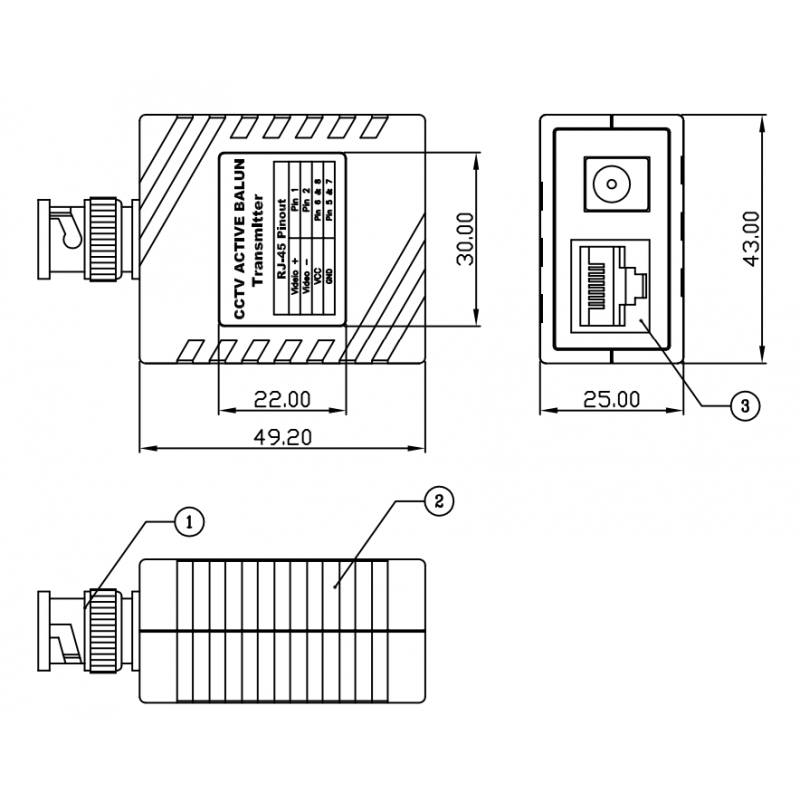 Video over BNC - Up to 1500 meters - 1 x BNC male and 1 x RJ45 female