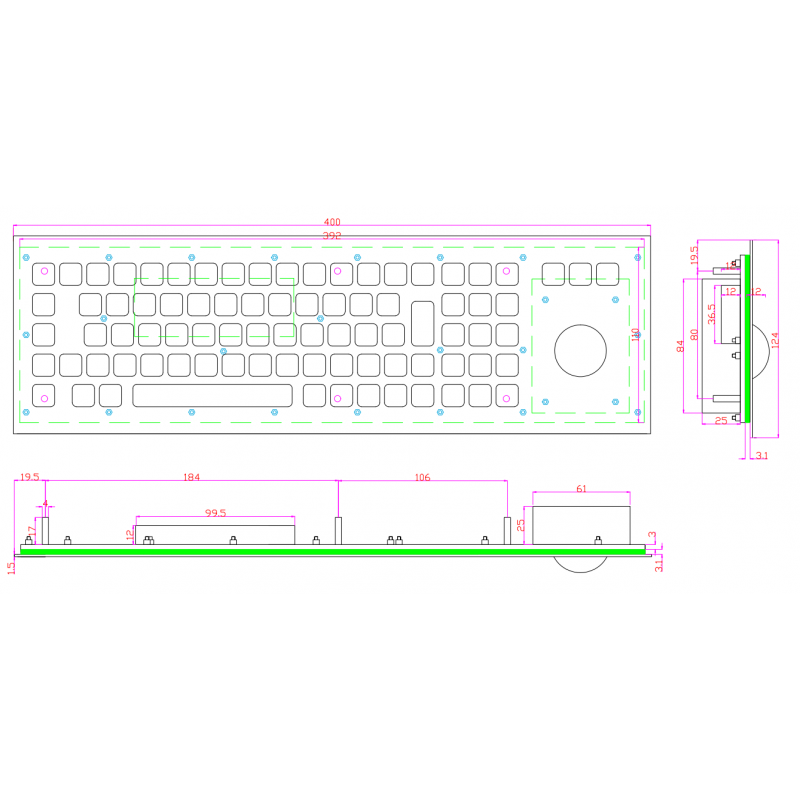 IP65 rustfritt stål tastatur med trackball robust og vanntett, USB, Nordic karakter