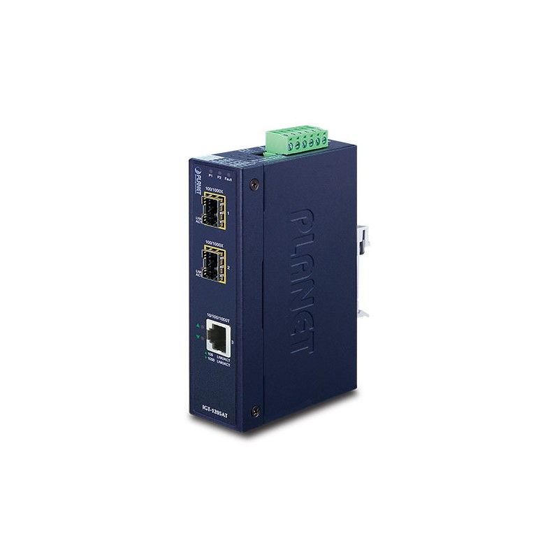 Media converter with 2 fiber ports and RJ45 port. Can e.g. "connect" single mode with multi mode fiber