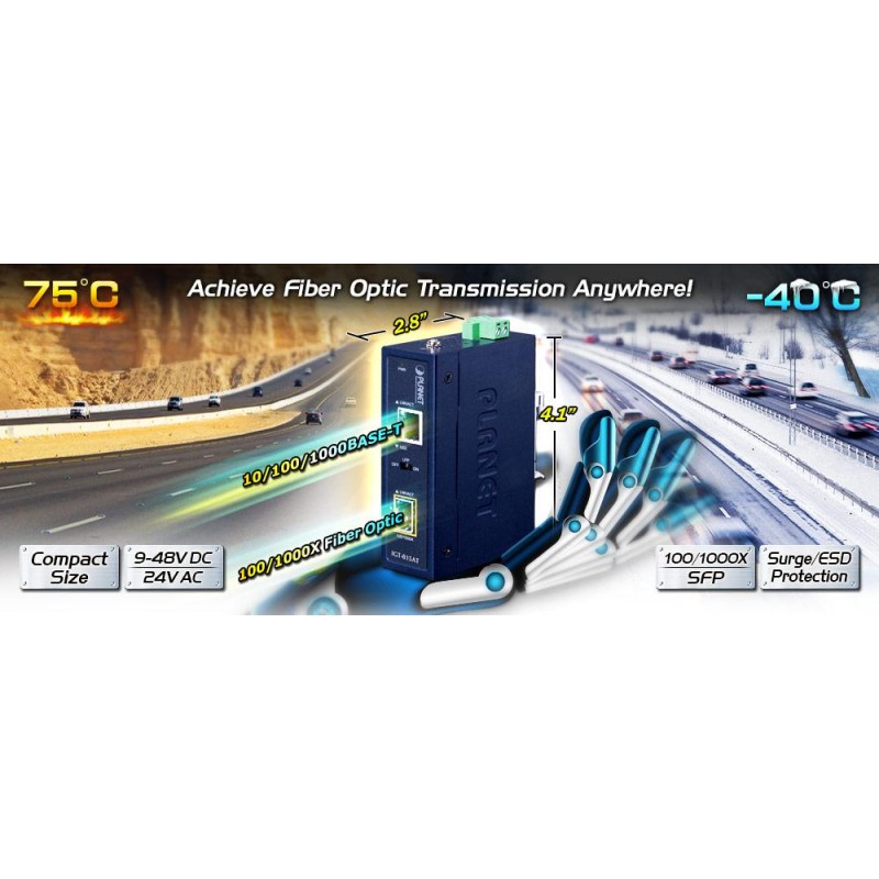 En port Media Converter med 1 x SFP-slot 100 / 1000Mbit og 1 x Gbit RJ45-port,