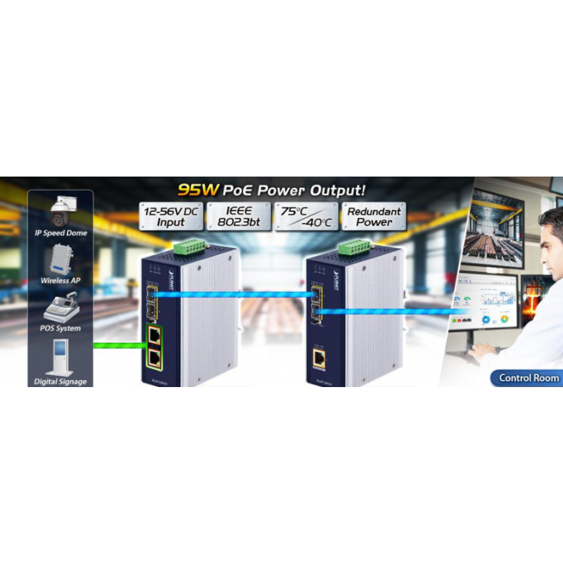 Mediekonverter med 2 x SFP 100/1000Mbit og 2 x 10/100/1000Mbit RJ45, PoE++