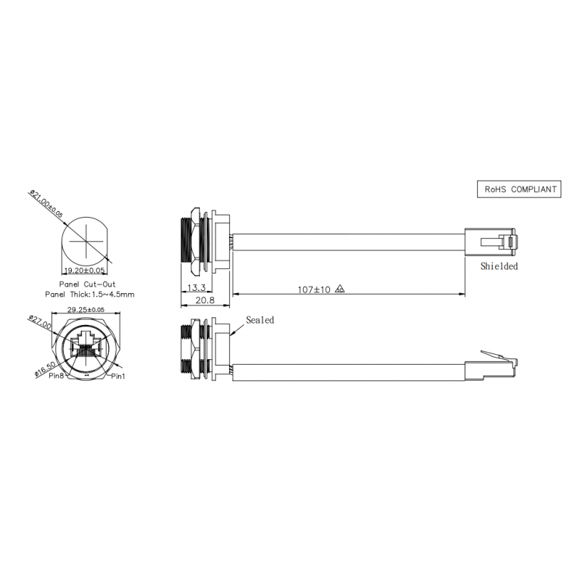Vanntett RJ45 chassiskontakt, 21 mm gjenger - for utendørs bruk