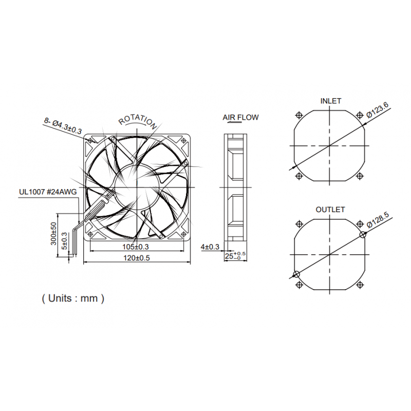Datamaskinskap 12VDC vifte 120 x 120 x 25mm, med termisk sensor stillegående støyreduserende
