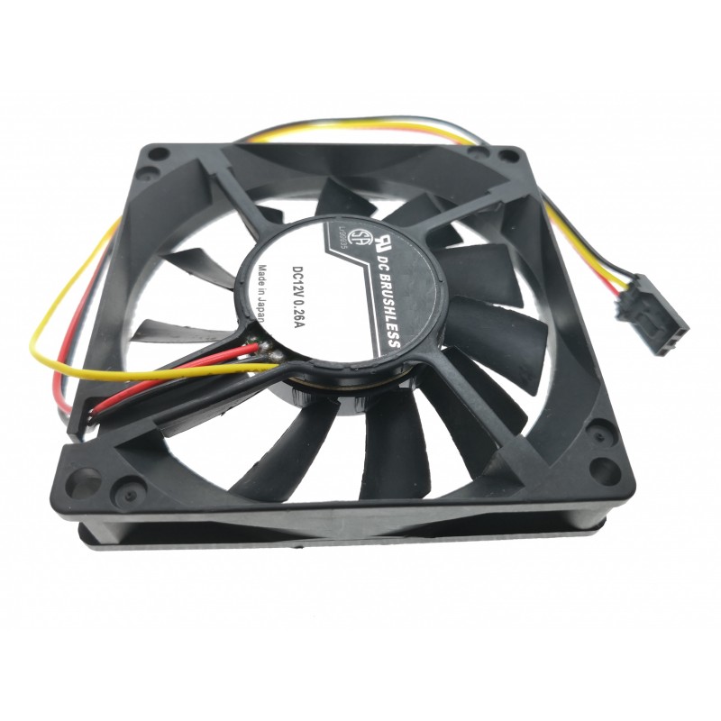 12VDC fan 80 x 80 x 15 mm, 3-pin (+12V, GND, tachometer),