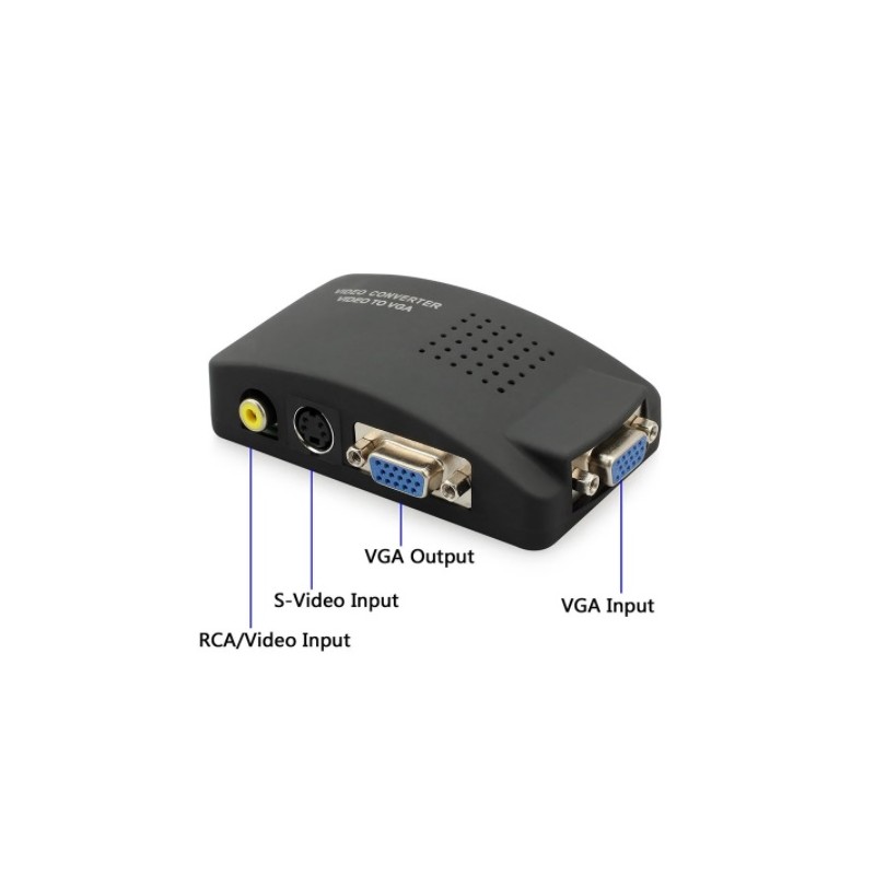 Composite and S-Video to VGA converter with yellow phono video connector and VGA female