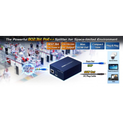 Gigabit PoE++ splitter (60W) for PoE-data og 12VDC/5A eller 19VDC/3.2A eller 24VDC/2.5A ut