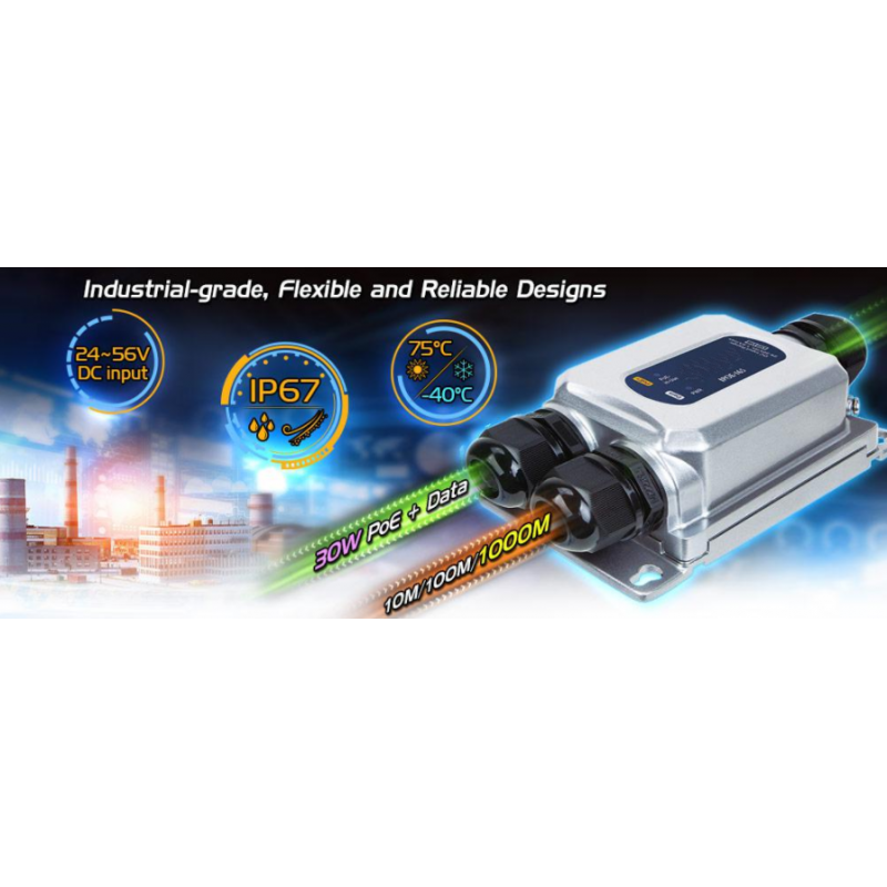 IP67 PoE Injector, 30 Watt Poe + Gigabit, End-Spam, Supply voltage 24 - 56VDC