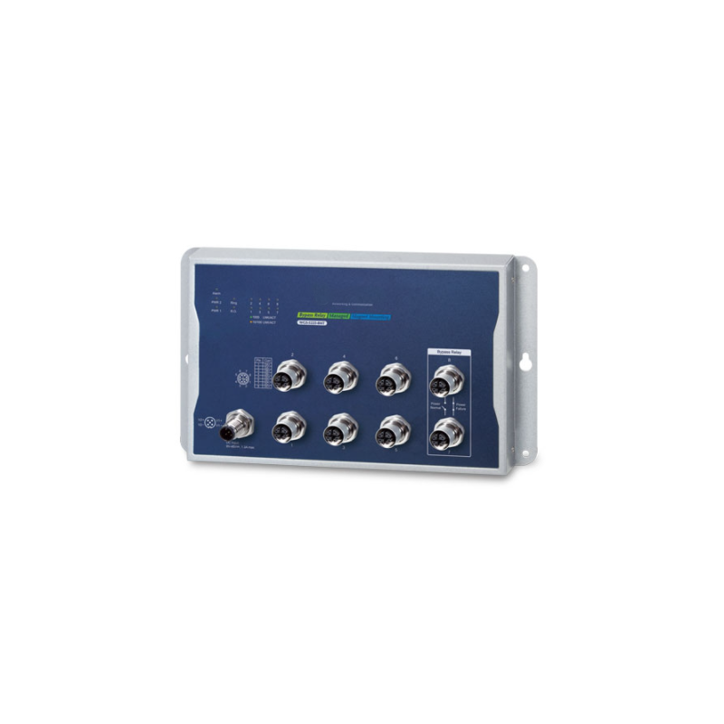 8 port Industrial Managed Gigabit switch IEEE 1588 and synchronous M12 connector. With automatic bypass