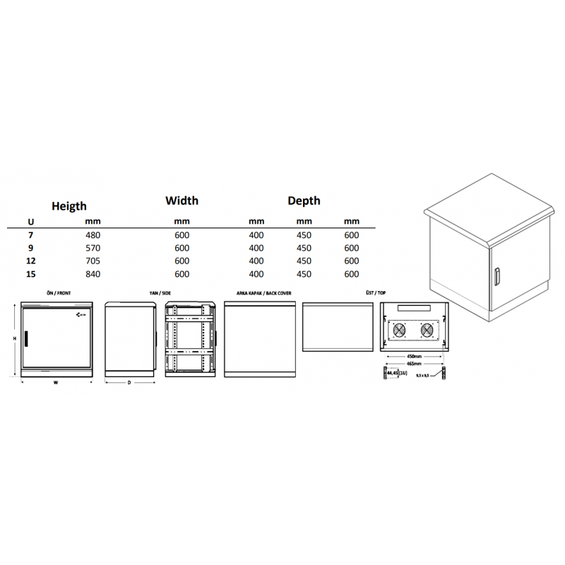 15U 19" outdoor rack cabinet with double wall, 40 cm deep
