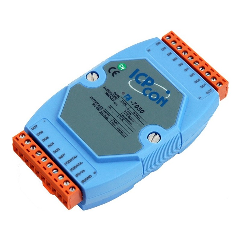 The ICP DAS I-7050 is an I / O module with 7 digital inputs (DRY / WET switch) and 8 digital outputs. RS485 bus