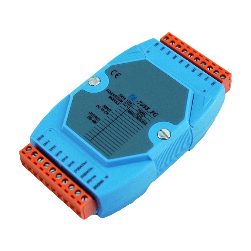 ICPDAS I-7053-FG is a module with 16 x digital input (DRY Contact). Active at entry to GND. RS485 bus