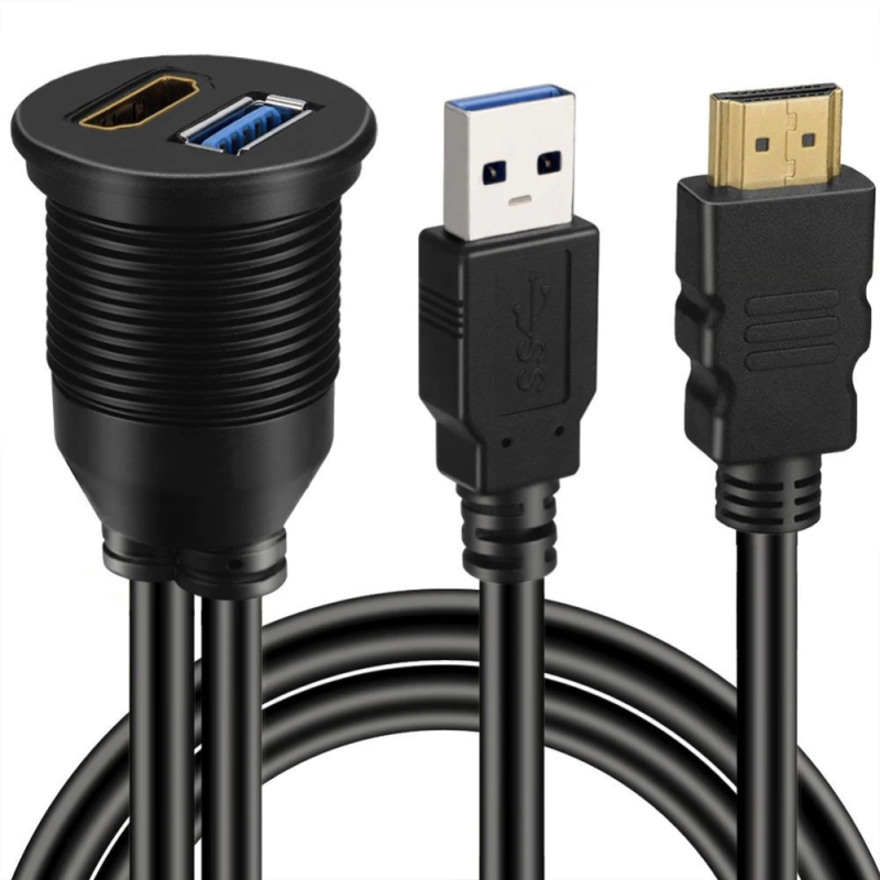 HDMI & USB Combi Cable for Panel Mounting - 2m | Male/Female HDMI-A & USB-A