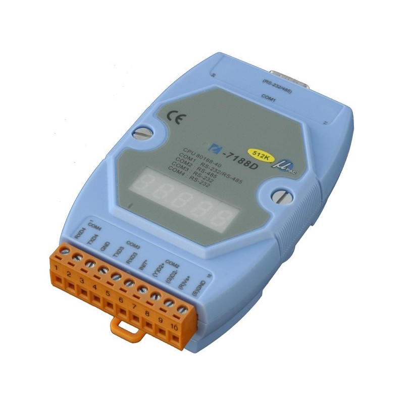 ICPDAS I-7188D/DOS/512 is a mini PC PAC with 80188-40 CPU, ROM-DOS, 256KB SRAM, RS232 / RS485 ports