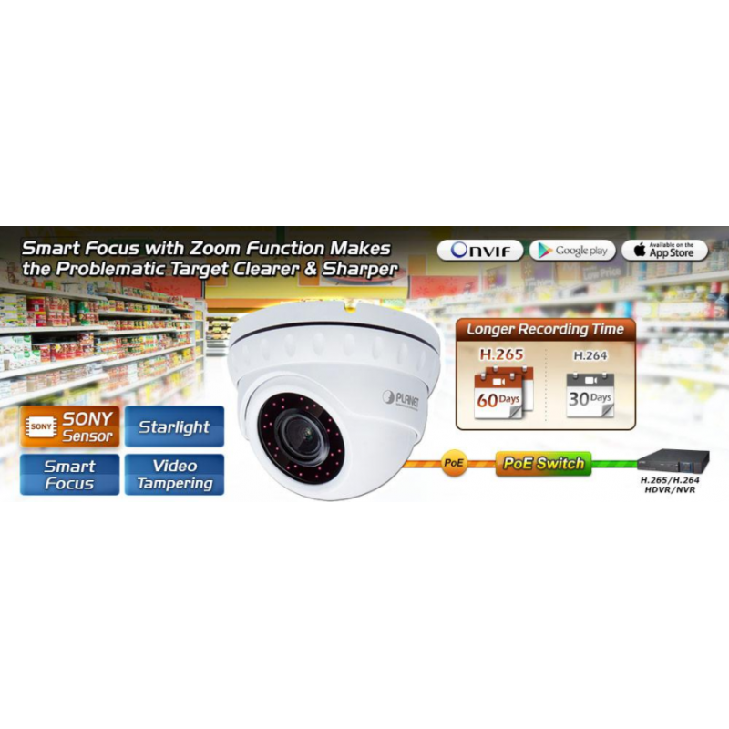 5 Megapixel Smart Dome IP kamera med IR. H.265. 2616 x 1964