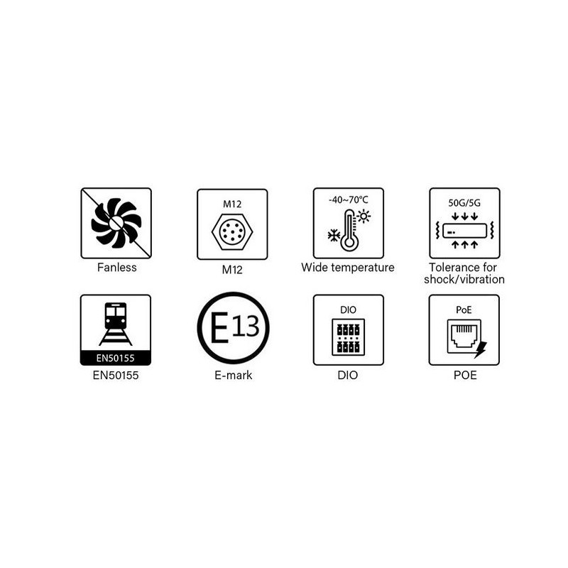 Blowerless Embedded PC I3, I5, I7 4K, E-Mark, Automotive Godkjent, E13 No.10R-0515210), LVD EN62368-1, EN50121-3-2, Jernbane