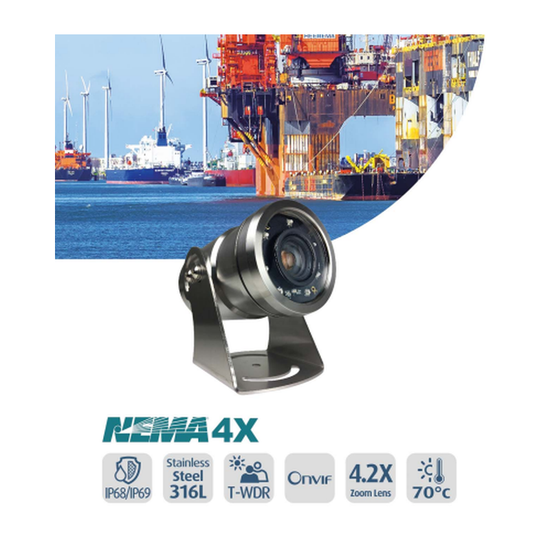 2 megapiksler IR Bullet Camera Videoovervåking, Stål, Anti-korrosjon, PoE, H.264+, H.264. M-JPEG