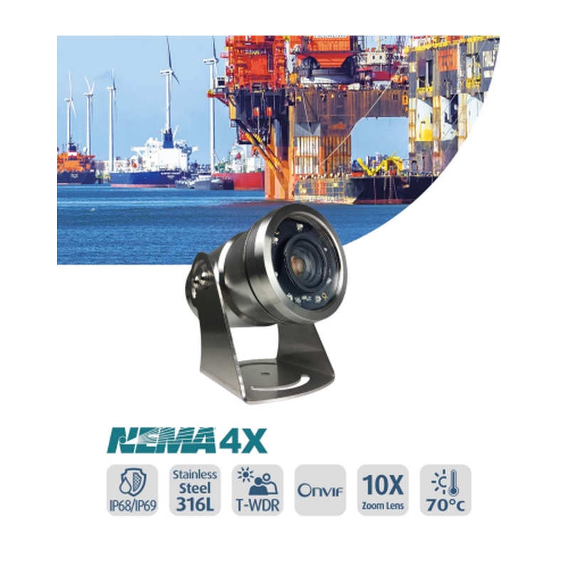 Vanntett 2 MP Bullet IP-kamera, Anti-korrosjon, Stålhus, IP68 / IP69, 10 x Zoom, -40℃ - +70℃