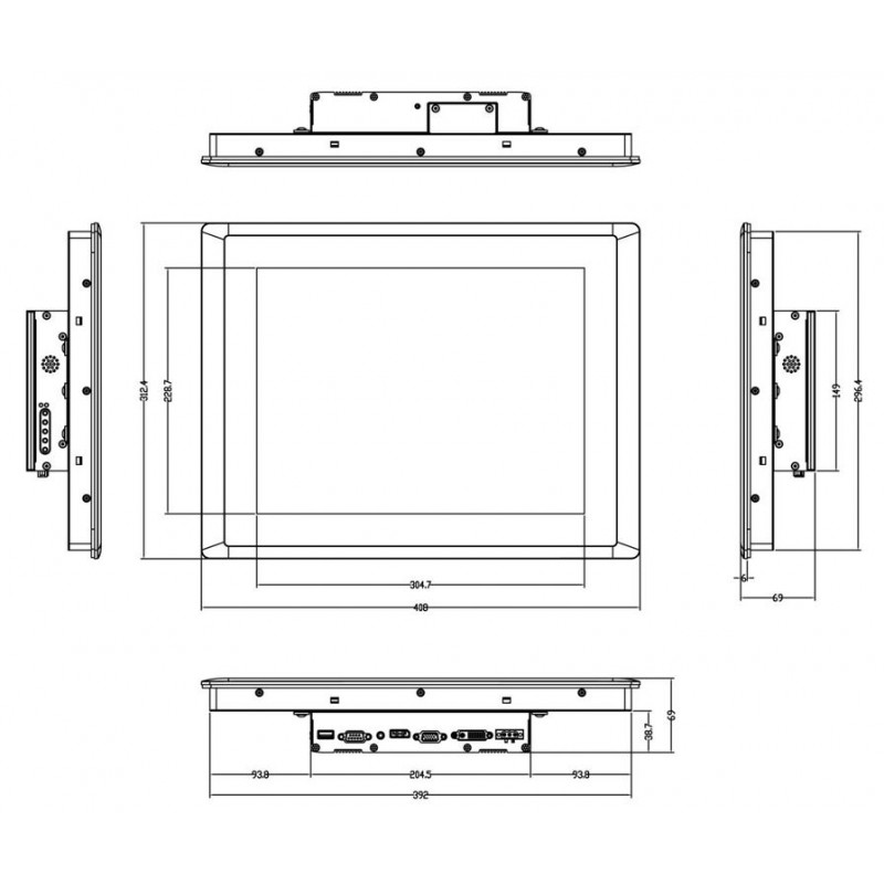 15 "Panel Vesa Monitor TFT-LCD, resistiv berøring, IP65 Front VGA, DVI-D, DisplayPort 1024x768
