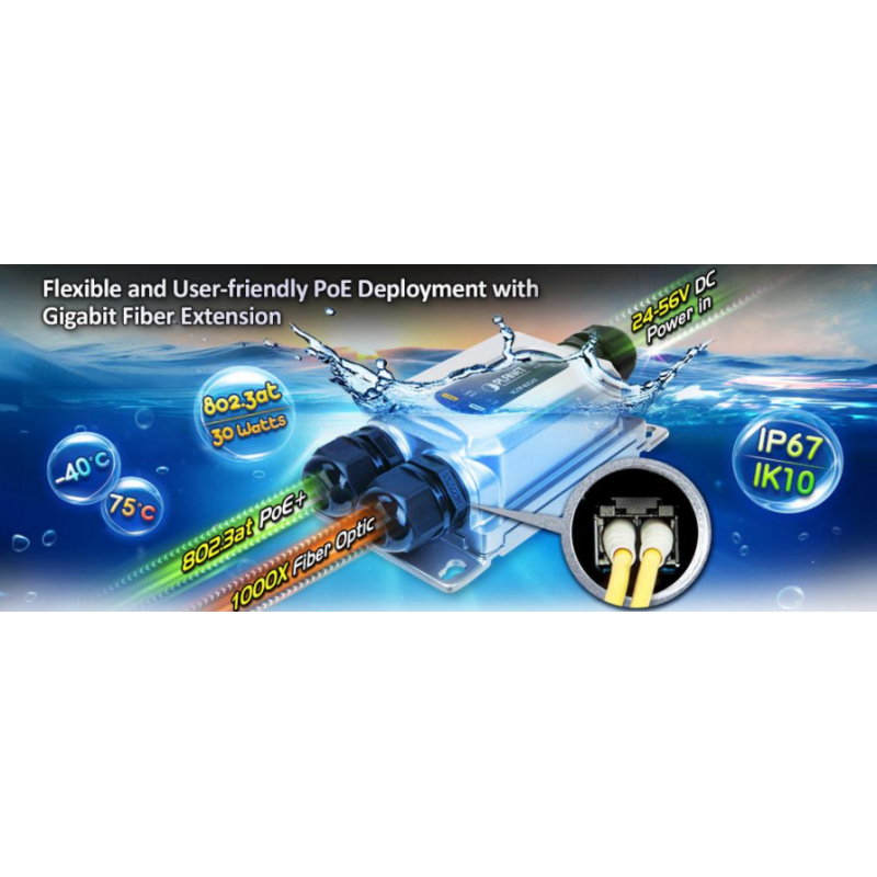 Waterproof media converter for 1000Mbit Fiber and 100/1000Mbit RJ45, PoE+ IP67 IK10