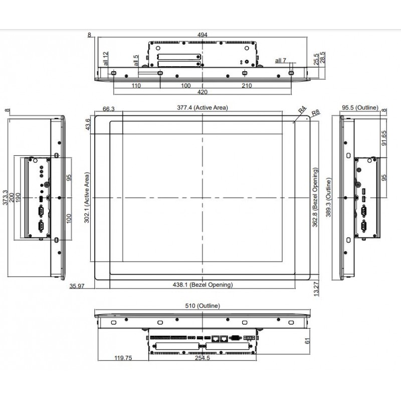 19 "Panel Mount VESA TFT-LCD, projisert Kapasitiv berøring, IP65 Front VGA, DP, DVI-D 12,24,48VDC