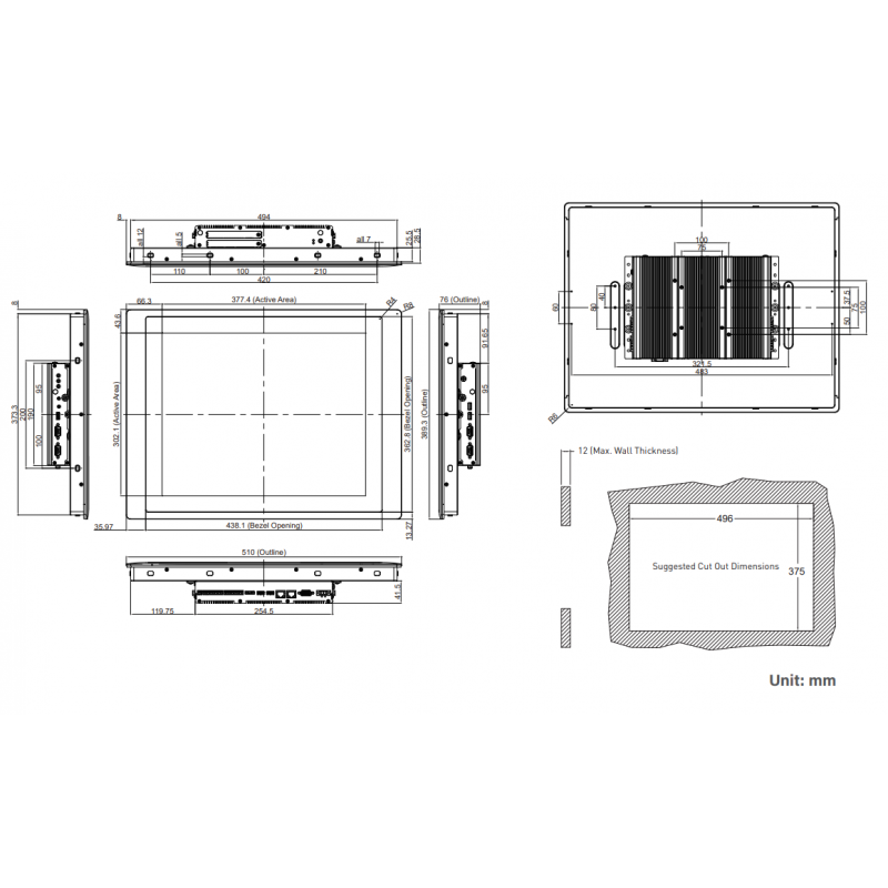 19" Modular Monitor TFT-LCD, kapasitiv berøring, IP65 front