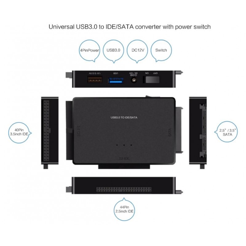 USB 3.0 til SATA/IDE, omformer 2.5/3.5 til SATA, IDE HDD/SSD