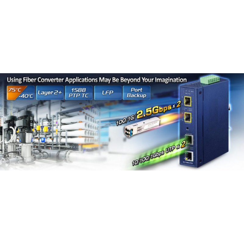 Managed media converter with 2 x RJ45 to 2 x fiber. RJ45 Gigabit for fiber up to 2500Mbit SFP