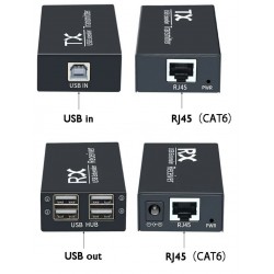 4 Port USB2.0, extender, 120 meters, extender over RJ45 patch cable. Stable 5VDC on USB port