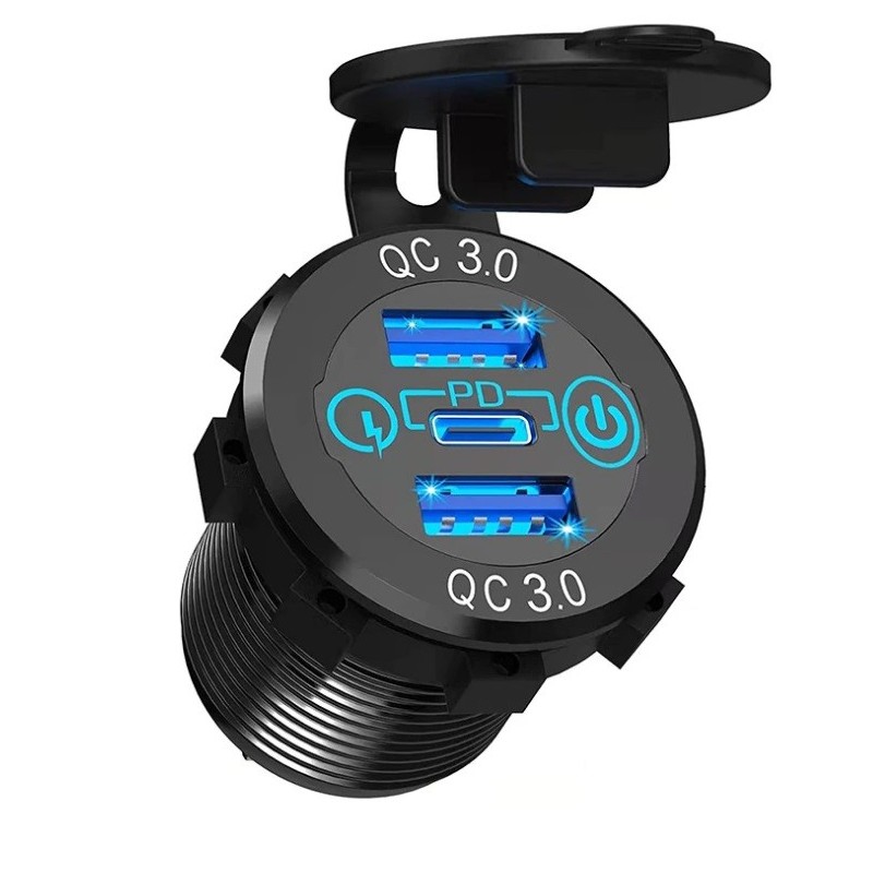 Combination Socket USB-C PD USB-A Cigar Socket Round Waterproof Panel Mount USB Charger for Boat Car Truck