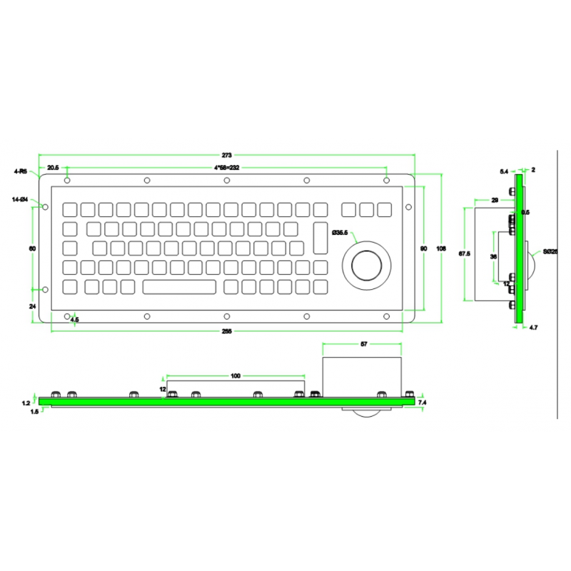 Industrielt tastatur i rustfritt stål med styrekule for panelmontering