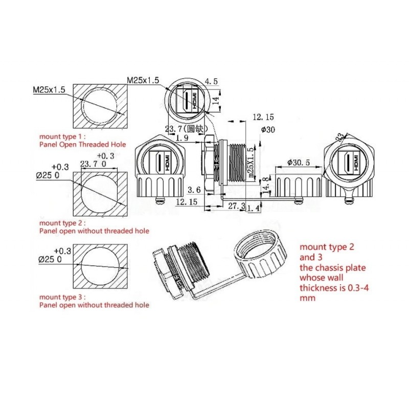 HDMI IP68 panelkontakthode - hunn til hunn