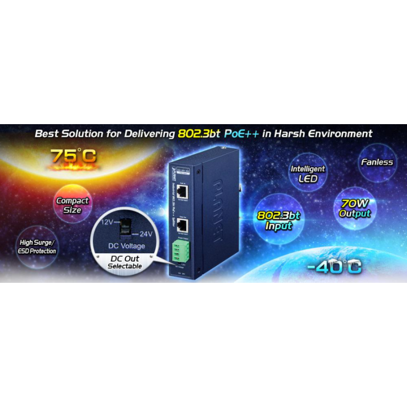 PoE++ Splitter with 12VDC/5.8A or 24VDC/2.2A output voltage