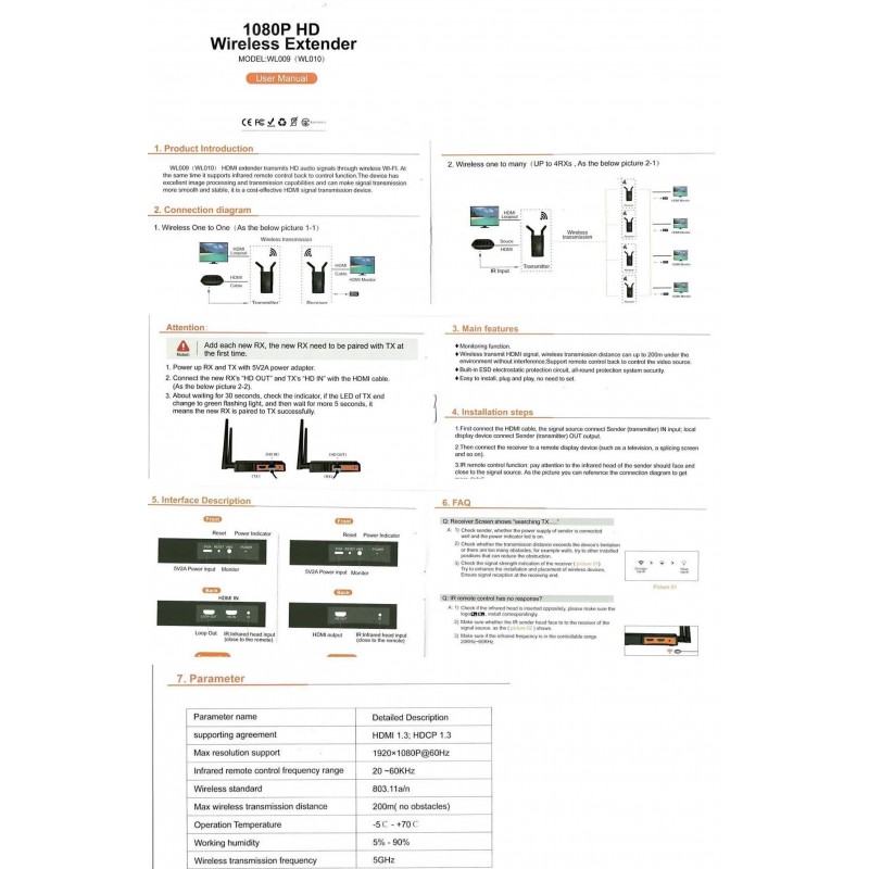 Trådløs overføring av HDMI med flere mottakere AV Audio Video HDMI-sender, fungerer opp til 200m